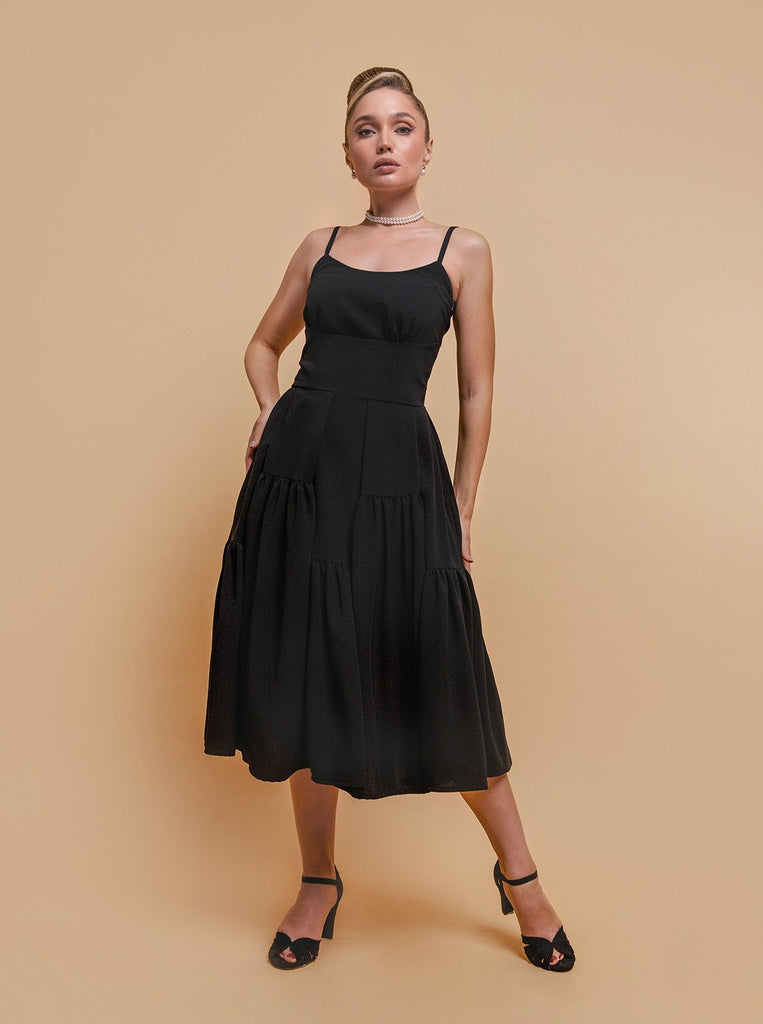 black full skirt midi dress straps