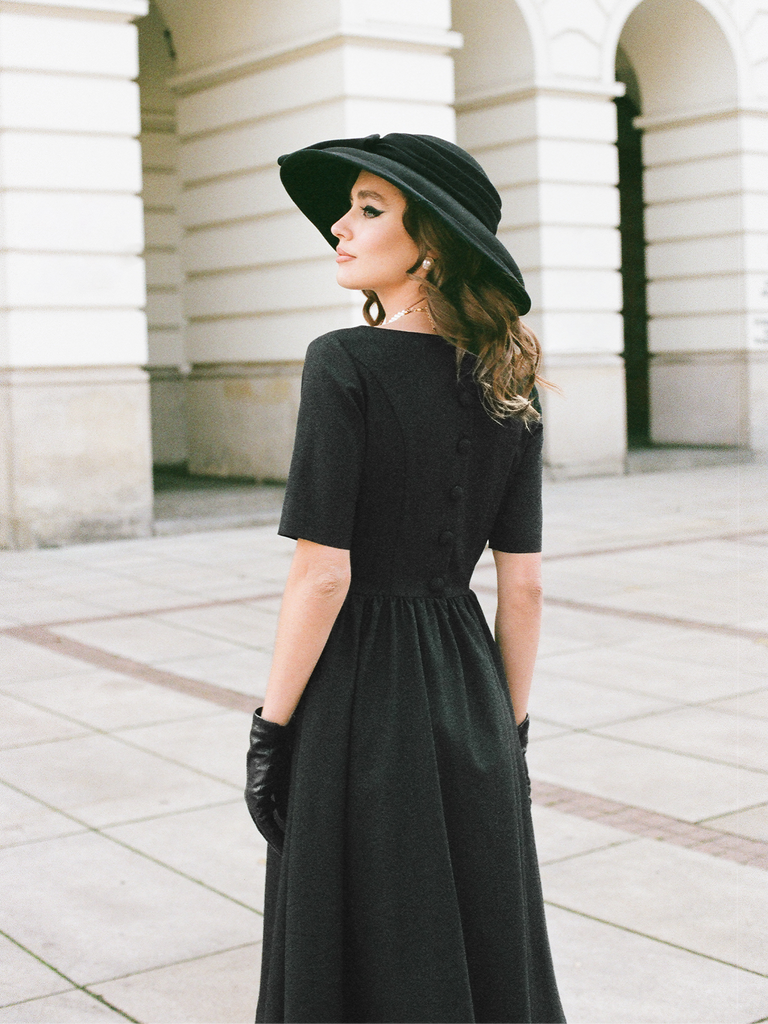 black full skirt midi dress
