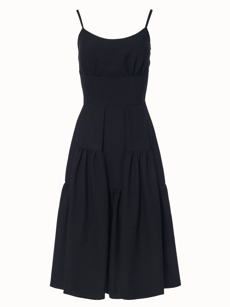 black full skirt midi dress straps